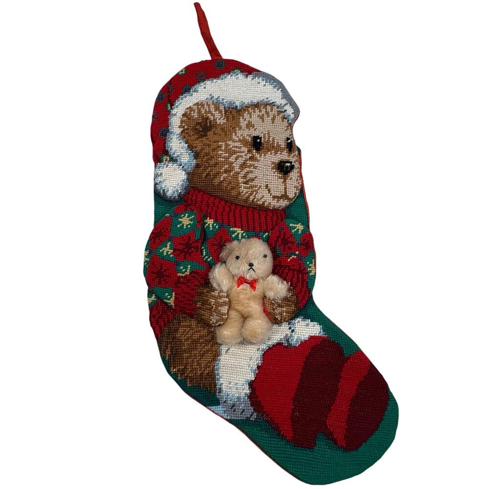 Needlepoint Christmas Stocking 3D Santa Holding Plush Teddy Bear Red